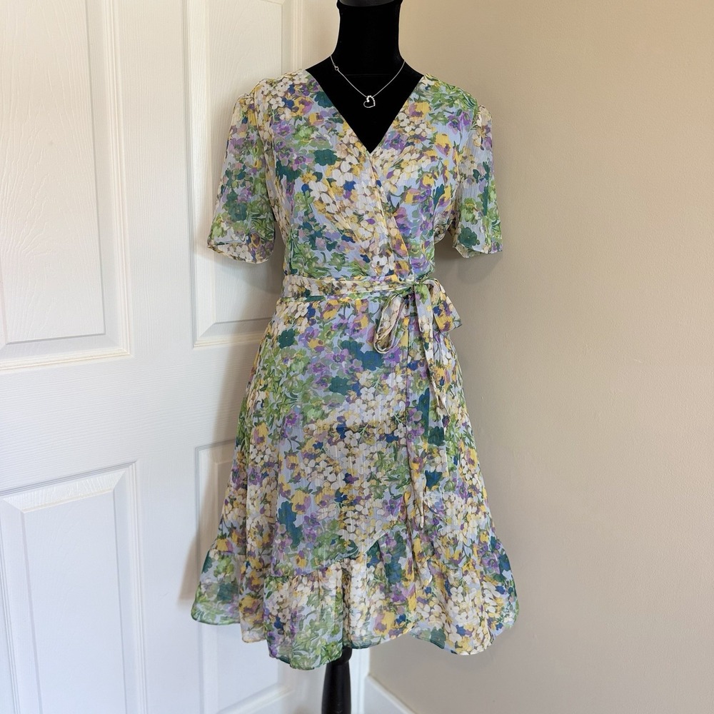 London Times Women's Multicolor Floral Faux Wrap Dress Ruffle Trim Size 10 Cute